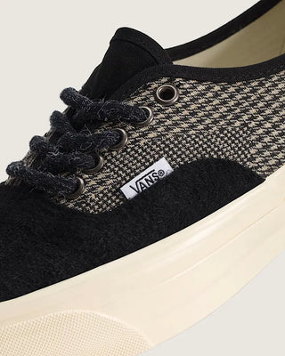 Vans LX Authentic 44 in Herringbone Black/Tan — herringbone-textured suede and canvas upper, vulcanized build, Sola Foam ADC insole, waffle outsole