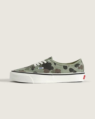 Vans LX Authentic shoes in Duck Camo Green with lightweight canvas upper, higher sidewall with gloss finish, Sola Foam ADC insole, signature waffle outsole, and vulcanized build