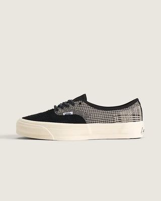 Vans LX Authentic 44 in Herringbone Black/Tan — herringbone-textured suede and canvas upper, vulcanized build, Sola Foam ADC insole, waffle outsole