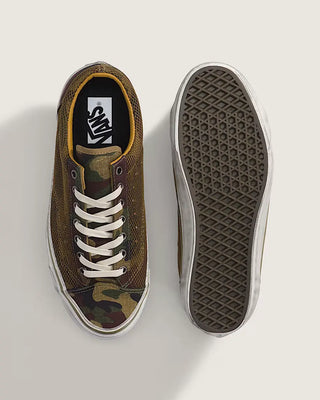 Vans LX Premium Old Skool 36 in Woodland Camo Green with canvas upper and studded Sidestripe gillnet overlay.