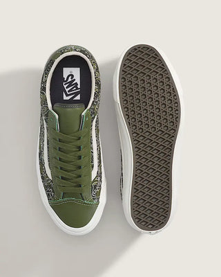 Vans LX Premium Old Skool 36 Bandana shoes in Green Balsam with canvas, leather, and allover bandana print.
