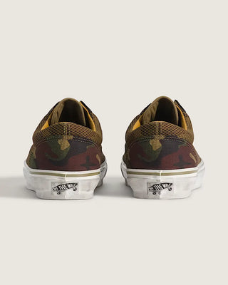 Vans LX Premium Old Skool 36 in Woodland Camo Green with canvas upper and studded Sidestripe gillnet overlay.