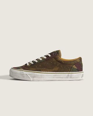 Vans LX Premium Old Skool 36 in Woodland Camo Green with canvas upper and studded Sidestripe gillnet overlay.