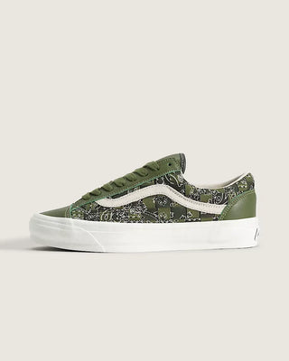 Vans LX Premium Old Skool 36 Bandana shoes in Green Balsam with canvas, leather, and allover bandana print.