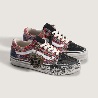 Vans LX Old Skool Charms Red Black sneaker with textured tweed upper, splatter design, and metal charm detail.