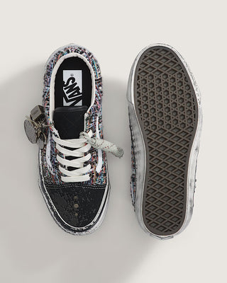 Vans LX Old Skool Charms Black Grey sneaker with textured tweed upper, splatter design, and metal charm detail.