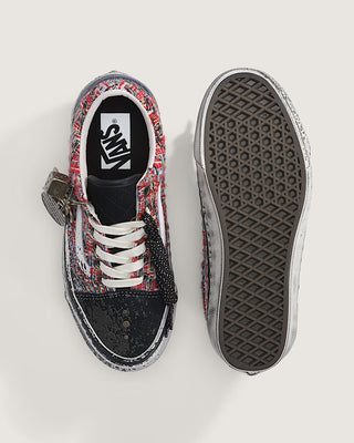 Vans LX Old Skool Charms Red Black sneaker with textured tweed upper, splatter design, and metal charm detail.