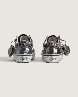 Vans LX Old Skool Charms Black Grey sneaker with textured tweed upper, splatter design, and metal charm detail.