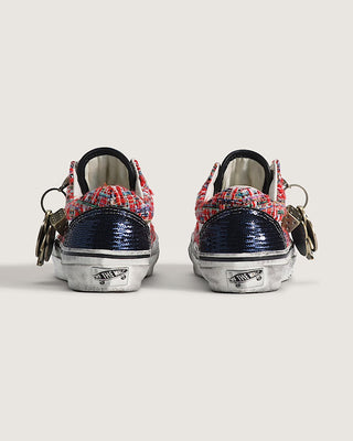 Vans LX Old Skool Charms Red Black sneaker with textured tweed upper, splatter design, and metal charm detail.