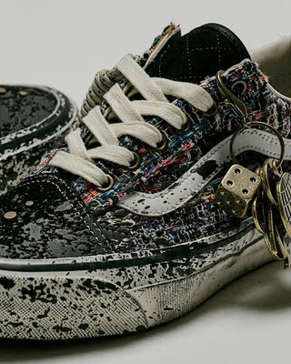Vans LX Old Skool Charms Black Grey sneaker with textured tweed upper, splatter design, and metal charm detail.