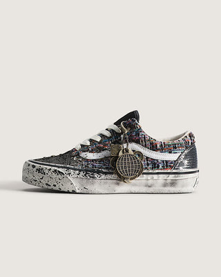 Vans LX Old Skool Charms Black Grey sneaker with textured tweed upper, splatter design, and metal charm detail.