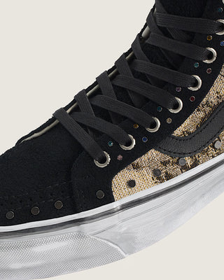 Vans Premium SK8-Hi Reissue 38 Floral Rivets in Black with floral print, metal rivets, Sola Foam ADC cushioning, and a signature waffle outsole