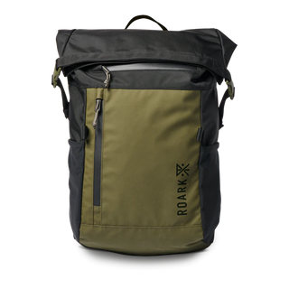Roark Passenger 27L 2.0 Bag in Black/Military with roll-top closure, padded laptop sleeve, and waterproof zippers.