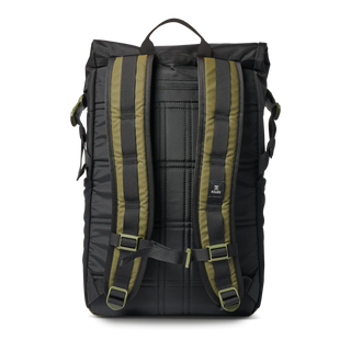 Roark Passenger 27L 2.0 Bag in Black/Military with roll-top closure, padded laptop sleeve, and waterproof zippers.