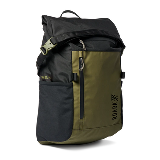 Roark Passenger 27L 2.0 Bag in Black/Military with roll-top closure, padded laptop sleeve, and waterproof zippers.