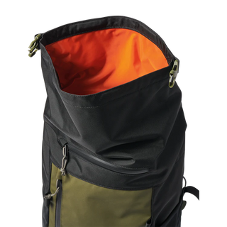 Roark Passenger 27L 2.0 Bag in Black/Military with roll-top closure, padded laptop sleeve, and waterproof zippers.