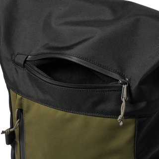 Roark Passenger 27L 2.0 Bag in Black/Military with roll-top closure, padded laptop sleeve, and waterproof zippers.