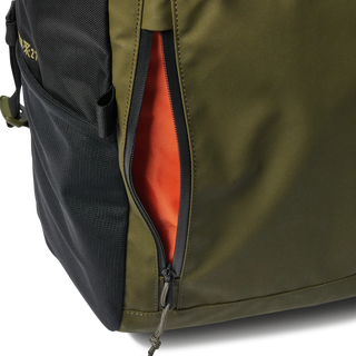 Roark Passenger 27L 2.0 Bag in Black/Military with roll-top closure, padded laptop sleeve, and waterproof zippers.