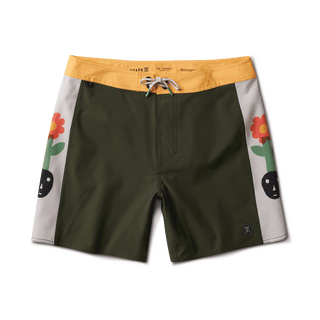 A pair of men's boardshorts with an all-over tropical palm tree print design. They feature an 18" inseam, a back pocket with zipper closure, and the Roark logo on the leg.
