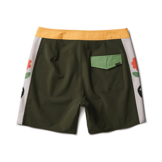 A pair of men's boardshorts with an all-over tropical palm tree print design. They feature an 18" inseam, a back pocket with zipper closure, and the Roark logo on the leg.