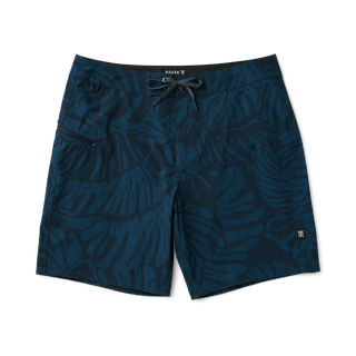 Roark Men's Passage Pro Boardshorts in Navy — durable nylon four-way stretch with 18.5" outseam, flat felled seams, and water-resistant finish for long days on the water.

