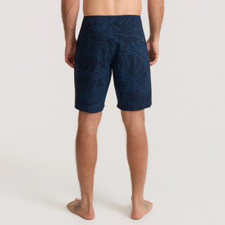 Roark Men's Passage Pro Boardshorts in Navy — durable nylon four-way stretch with 18.5" outseam, flat felled seams, and water-resistant finish for long days on the water.
