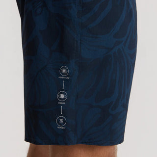 Roark Men's Passage Pro Boardshorts in Navy — durable nylon four-way stretch with 18.5" outseam, flat felled seams, and water-resistant finish for long days on the water.
