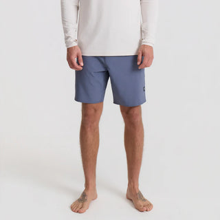 Roark Venture Boardshorts in Neptune, standard fit 90% recycled polyester 10% spandex 4-way stretch ripstop boardshorts with C0 DWR water-resistant finish, 18.5 inch outseam, 8.5 inch inseam, flat-felled seams, and zip front and back pockets