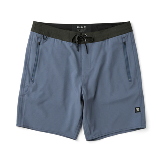 Roark Venture Boardshorts in Neptune, standard fit 90% recycled polyester 10% spandex 4-way stretch ripstop boardshorts with C0 DWR water-resistant finish, 18.5 inch outseam, 8.5 inch inseam, flat-felled seams, and zip front and back pockets