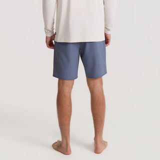 Roark Venture Boardshorts in Neptune, standard fit 90% recycled polyester 10% spandex 4-way stretch ripstop boardshorts with C0 DWR water-resistant finish, 18.5 inch outseam, 8.5 inch inseam, flat-felled seams, and zip front and back pockets