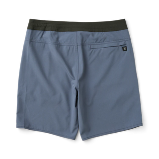 Roark Venture Boardshorts in Neptune, standard fit 90% recycled polyester 10% spandex 4-way stretch ripstop boardshorts with C0 DWR water-resistant finish, 18.5 inch outseam, 8.5 inch inseam, flat-felled seams, and zip front and back pockets