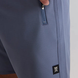 Roark Venture Boardshorts in Neptune, standard fit 90% recycled polyester 10% spandex 4-way stretch ripstop boardshorts with C0 DWR water-resistant finish, 18.5 inch outseam, 8.5 inch inseam, flat-felled seams, and zip front and back pockets