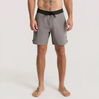 Roark Chiller Scallop Boardshorts in Shark, standard fit GRS certified recycled polyester 4-way stretch boardshorts with C0 DWR water-resistant finish, 17 inch outseam, flat-felled seams, hand pockets, cell stash back pocket, and fully encased drawstring waistband