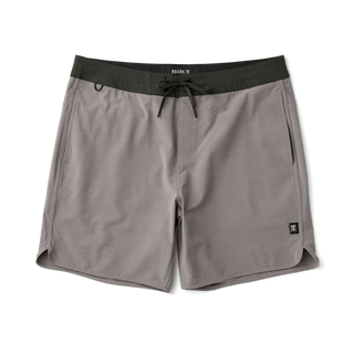 Roark Chiller Scallop Boardshorts in Shark, standard fit GRS certified recycled polyester 4-way stretch boardshorts with C0 DWR water-resistant finish, 17 inch outseam, flat-felled seams, hand pockets, cell stash back pocket, and fully encased drawstring waistband