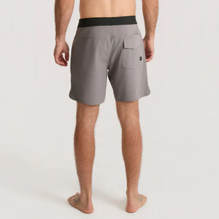 Roark Chiller Scallop Boardshorts in Shark, standard fit GRS certified recycled polyester 4-way stretch boardshorts with C0 DWR water-resistant finish, 17 inch outseam, flat-felled seams, hand pockets, cell stash back pocket, and fully encased drawstring waistband