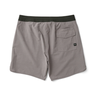 Roark Chiller Scallop Boardshorts in Shark, standard fit GRS certified recycled polyester 4-way stretch boardshorts with C0 DWR water-resistant finish, 17 inch outseam, flat-felled seams, hand pockets, cell stash back pocket, and fully encased drawstring waistband