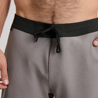 Roark Chiller Scallop Boardshorts in Shark, standard fit GRS certified recycled polyester 4-way stretch boardshorts with C0 DWR water-resistant finish, 17 inch outseam, flat-felled seams, hand pockets, cell stash back pocket, and fully encased drawstring waistband