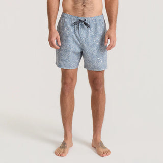 Roark Men's Shorey Boardshorts in Slate — recycled polyester-cotton blend with DWR water-resistant treatment, four-way stretch, and elastic waistband for beach and adventure.

