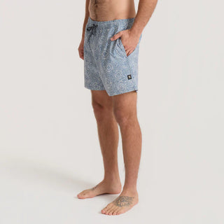 Roark Men's Shorey Boardshorts in Slate — recycled polyester-cotton blend with DWR water-resistant treatment, four-way stretch, and elastic waistband for beach and adventure.

