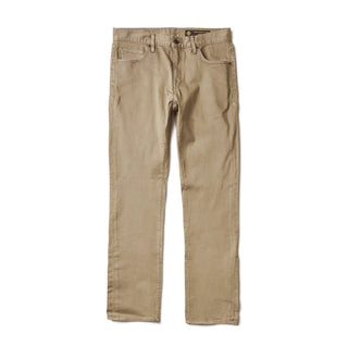 Roark HWY 128 Broken Twill Jeans in desert khaki with straight fit, hemp denim, and 5-pocket workwear design.