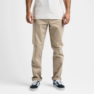 Roark HWY 128 Broken Twill Jeans in desert khaki with straight fit, hemp denim, and 5-pocket workwear design.
