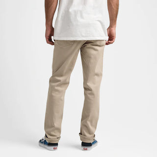 Roark HWY 128 Broken Twill Jeans in desert khaki with straight fit, hemp denim, and 5-pocket workwear design.