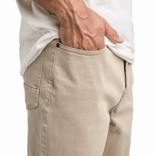 Roark HWY 128 Broken Twill Jeans in desert khaki with straight fit, hemp denim, and 5-pocket workwear design.