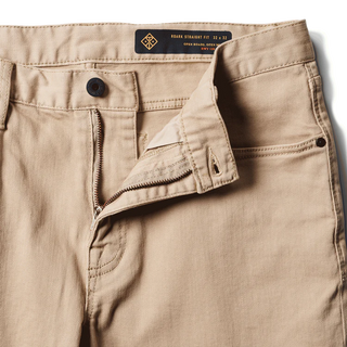 Roark HWY 128 Broken Twill Jeans in desert khaki with straight fit, hemp denim, and 5-pocket workwear design.