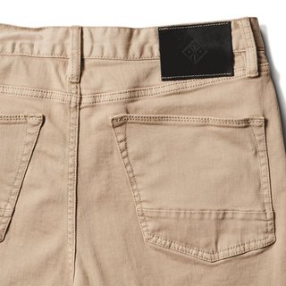 Roark HWY 128 Broken Twill Jeans in desert khaki with straight fit, hemp denim, and 5-pocket workwear design.