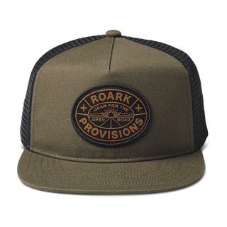 Durable cotton canvas Roark trucker hat with mesh back, military/pignoli, custom patch.