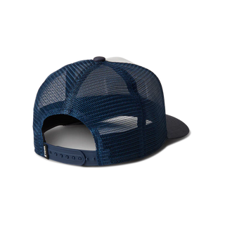 Roark Station Trucker Hat in White/Navy with mesh back and skull patch