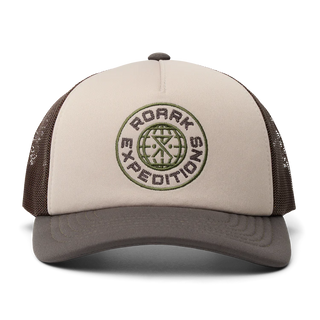 Roark Foam Trucker Global Snapback Hat in Military, structured 5-panel foam front trucker hat in 100% polyester with slightly curved visor, polyester mesh back, snapback closure, contrast visor and mesh color, and satin stitch chain stitch embroidery