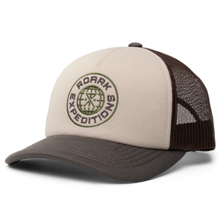 Roark Foam Trucker Global Snapback Hat in Military, structured 5-panel foam front trucker hat in 100% polyester with slightly curved visor, polyester mesh back, snapback closure, contrast visor and mesh color, and satin stitch chain stitch embroidery