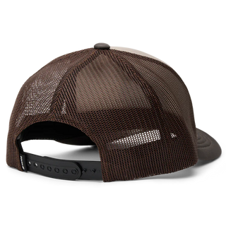 Roark Foam Trucker Global Snapback Hat in Military, structured 5-panel foam front trucker hat in 100% polyester with slightly curved visor, polyester mesh back, snapback closure, contrast visor and mesh color, and satin stitch chain stitch embroidery